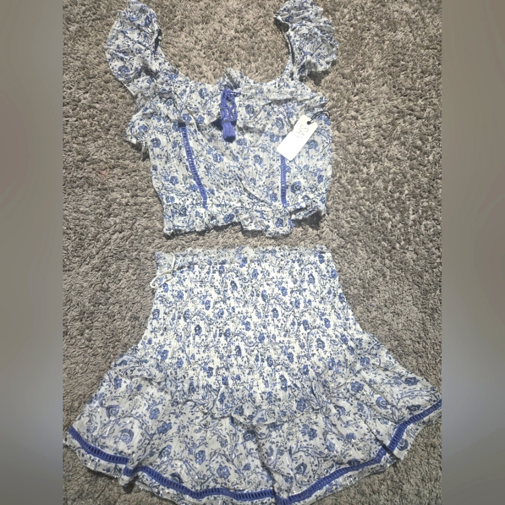 NEW SAYLOR Floral Print Crop Top and Skirt Set in Light Blue